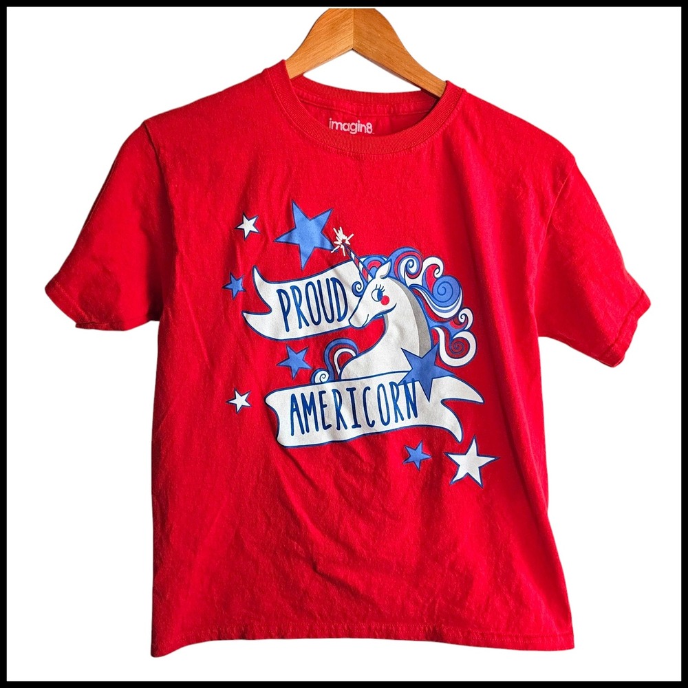 Imagine8‎ Proud Americorn Graphic Tee Patriotic USA Flag Stars Youth L